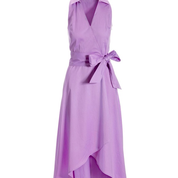BOSTON PROPER POPLIN FIT AND FLARE FAUX WRAP MIDI DRESS LILAC NWT SZ 10 - Picture 3 of 5
